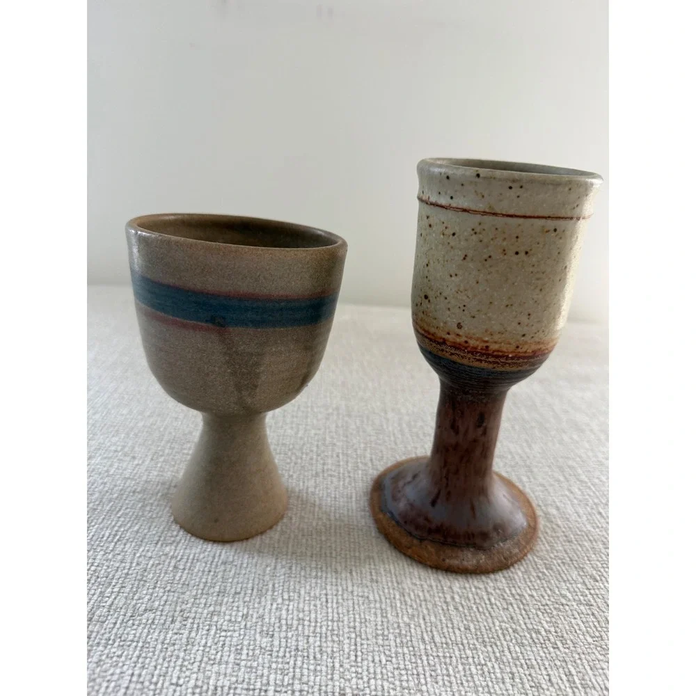 Vintage Stewartson Studio Art Pottery Wine Goblets Chalice Set of 2 MCM Signed